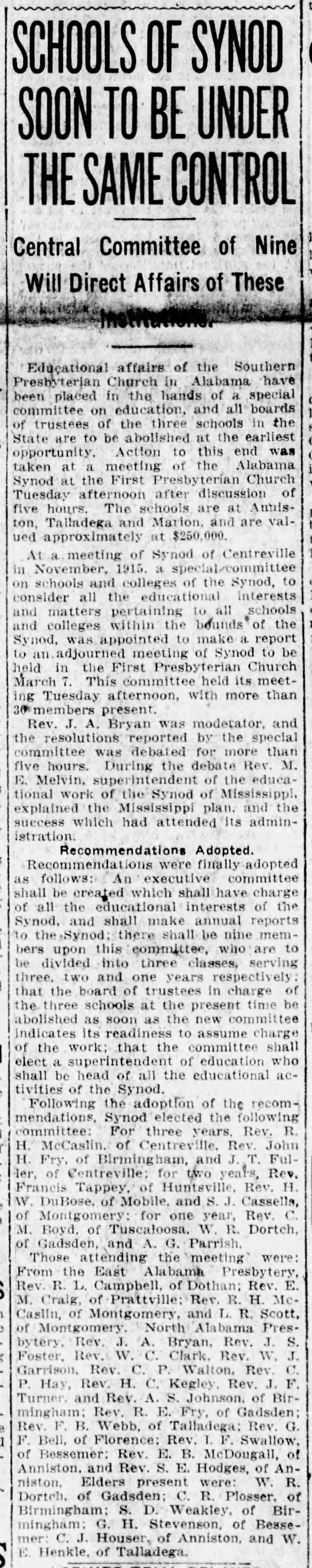 Schools of Synod Soon To Be Under The Same Control